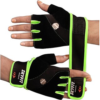                       SKYFIT Leather padded Wrist support Gym Sports Workout gloves For Men and Women Gym & Fitness Gloves  (Lite Green, Black)                                              