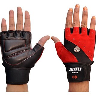                       SKYFIT Super Dryfit Leather Padded Gym Sports Riding Gloves for Men and Women Gym & Fitness Gloves  (Red, Black)                                              