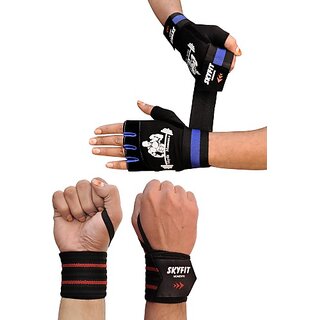                       SKYFIT COMBO PACK 2 Super Gym Sports Gloves And Wrist Support Band For Men And Women Gym & Fitness Gloves  (Black, Blue)                                              