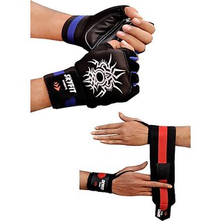                       SKYFIT COMBO PACK 2 Gym Sports Gloves And Wrist Support Band For Men And Women Gym & Fitness Gloves  (Black, Red, Blue)                                              