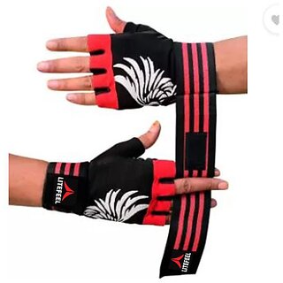                       SKYFIT Super Strong Wrist Support Gym Sports Gloves Gym & Fitness Gloves  (Red, Black)                                              