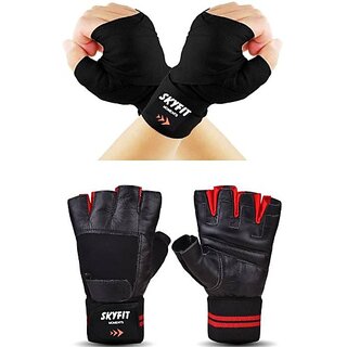                       SKYFIT RED LEATHER GLOVES AND WRAP BLACK Gym & Fitness Gloves  (Red, Black)                                              