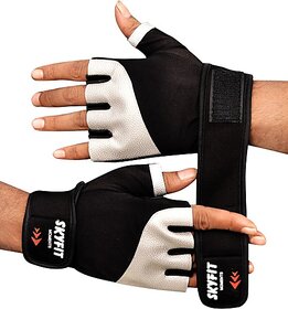 SKYFIT Super Leather padded Wrist support Gym gloves Gym & Fitness Gloves  (Black, Silver)
