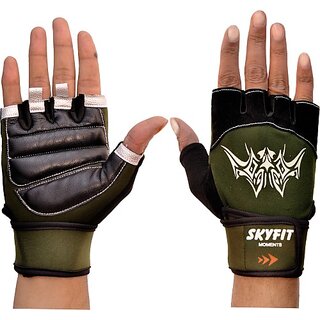                       SKYFIT Super Soft Lycra Leather Padded Gym Sports Gloves Gym & Fitness Gloves  (Green, back)                                              