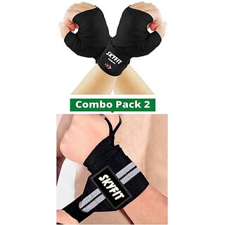                       SKYFIT COMBO 2 BLACK WRAP GREY WRISTBAND Gym & Fitness Gloves  (Black, Grey)                                              