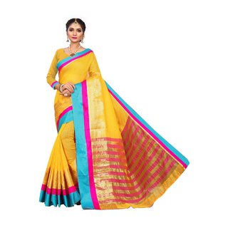                       SVB Sarees Yellow Cotton Silk Embellished Saree With Blouse Piece                                              