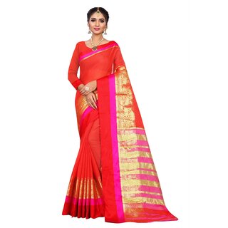                       SVB Sarees Red Colour Embellished Cotton Silk Saree With Blouse Piece                                              