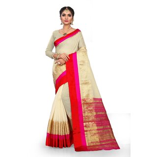                       SVB Sarees Crem Colour Cotton Embellished Saree With Blouse Piece                                              