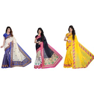                       SVB Sarees Multicolour Kalamkari Printed Khadi Saree Pack Of 3                                              