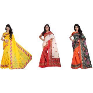                       SVB Sarees Multicolour Kalamkari Printed Khadi Saree Pack Of 3                                              