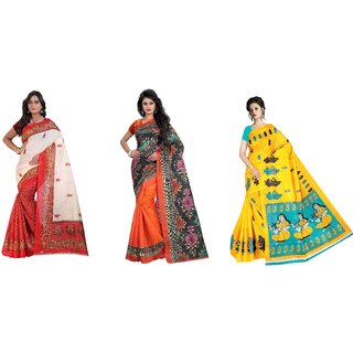                       SVB Sarees Multicolour Kalamkari Printed Khadi Saree Pack Of 3                                              