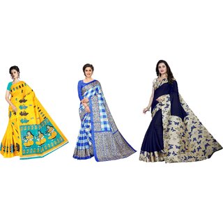                       SVB Sarees Multicolour Kalamkari Printed Khadi Saree Pack Of 3                                              