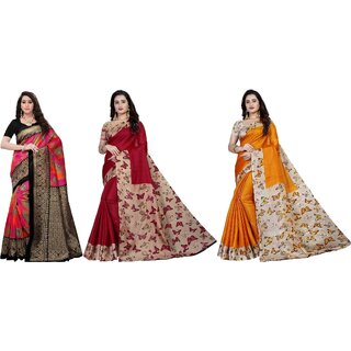                       SVB Sarees Multicolour Kalamkari Printed Khadi Saree Pack Of 3                                              