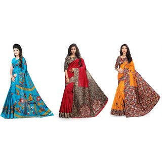                       SVB Sarees Multicolour Kalamkari Printed Khadi Saree Pack Of 3                                              