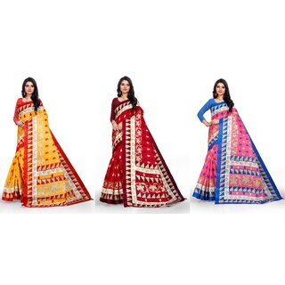                       SVB Sarees Geomatric Printed Khadi Saree Pack Of 3                                              