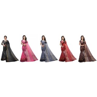SVB Sarees Multicolour Striped Art Silk Saree With Blouse (Pack of 5) SVB Sarees Multicolour Striped Art Silk Saree With Blouse (Pack of 5)