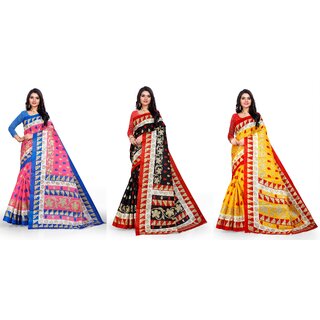 SVB Sarees Geomatric Printed Khadi Saree Pack Of 3 SVB Sarees Geomatric Printed Khadi Saree Pack Of 3