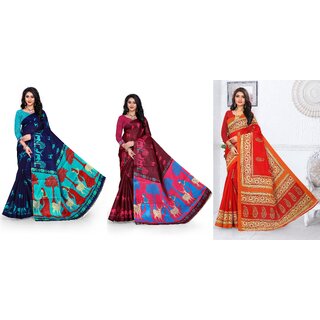SVB Sarees Animal Printed Khadi Saree Pack Of 3 SVB Sarees Animal Printed Khadi Saree Pack Of 3