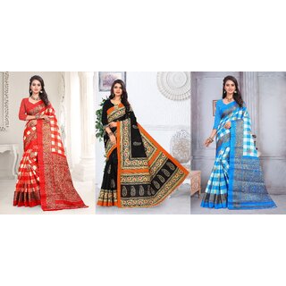                       SVB Sarees Red Black And Blue Printed Khadi Saree Pack Of 3                                              