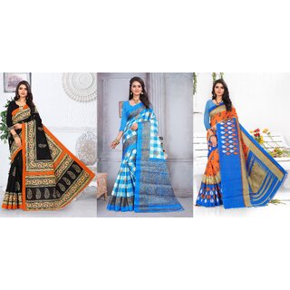 SVB Sarees Black Blue Orange Printed Khadi Saree Pack Of 3 SVB Sarees Black Blue Orange Printed Khadi Saree Pack Of 3