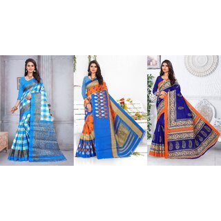                       SVB Sarees Blue And Orange Printed Khadi Saree Pack Of 3                                              