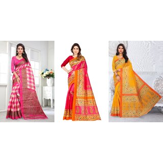                       SVB Sarees Pink And Yellow Printed Khadi Saree Pack Of 3                                              