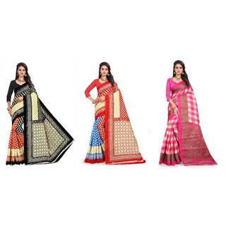                       SVB Sarees Black Blue And Pink Printed Khadi Saree Pack Of 3 Saree                                              