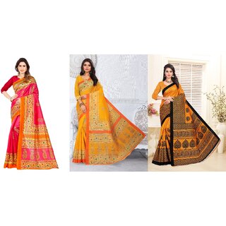                       SVB Sarees Pink Yellowand Orange Printed Khadi Saree Pack Of 3                                              