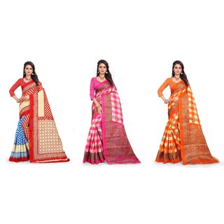                       SVB Sarees Blue Pink And Orange Printed Khadi Saree Pack Of 3 Saree                                              