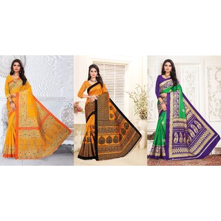                       SVB Sarees Yellow Orange And Green Printed Khadi Saree Pack Of 3                                              