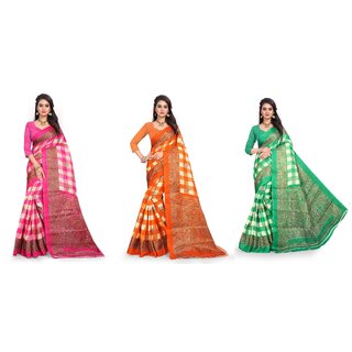 SVB Sarees Pink Orange And Green Checks Printed Khadi Saree Pack Of 3 Saree SVB Sarees Pink Orange And Green Checks Printed Khadi Saree Pack Of 3 Saree