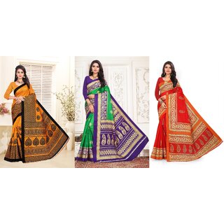 SVB Sarees Orange Green And Red Printed Khadi Saree Pack Of 3 SVB Sarees Orange Green And Red Printed Khadi Saree Pack Of 3