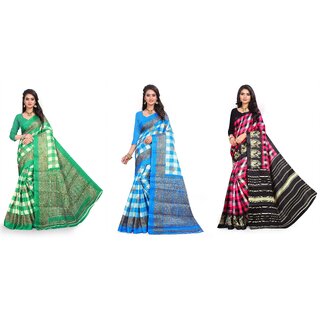 SVB Sarees Green Blue And Pink Checks Printed Khadi Saree Pack Of 3 Saree SVB Sarees Green Blue And Pink Checks Printed Khadi Saree Pack Of 3 Saree