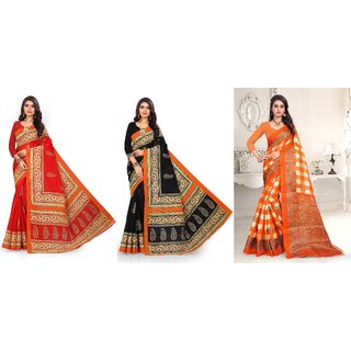                       SVB Sarees Red Black And Orange Printed Khadi Saree Pack Of 3                                              