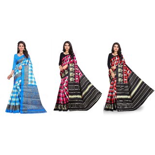 SVB Sarees Blue Pink And Red Checks Printed Khadi Saree Pack Of 3 Saree SVB Sarees Blue Pink And Red Checks Printed Khadi Saree Pack Of 3 Saree