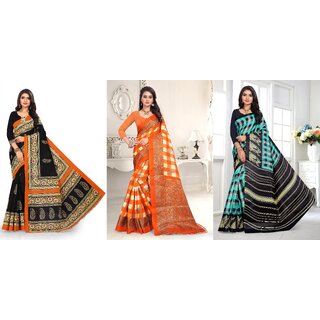                       SVB Sarees Black Orange And Green Printed Khadi Saree Pack Of 3                                              