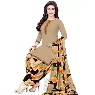 Synthetic Beige Printed Crepe Leon Unstitched Salwar Suits Dress Material With Dupatta By SVB Sarees Saree