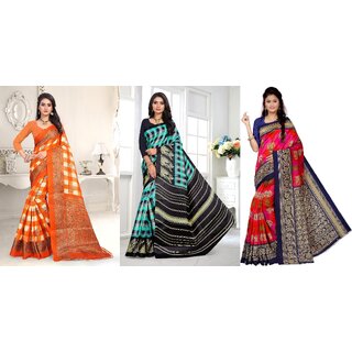                       SVB Sarees Orange Green And Pink Animal Printed Khadi Saree Pack Of 3                                              