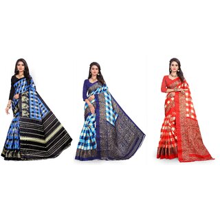                       SVB Sarees Blue And Red Checks Printed Khadi Saree Pack Of 3 Saree                                              