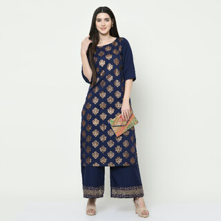                       SVB Navy Blue Colour Party Wear Foil Print Kurtis With Plazzo                                              