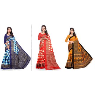                       SVB Sarees Blue Red And Yellow Printed Khadi Saree Pack Of 3 Saree                                              