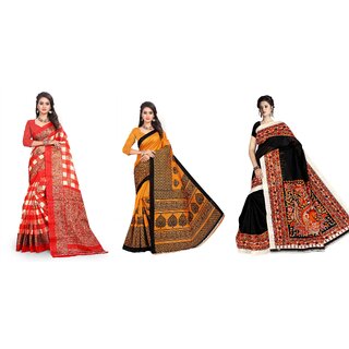 SVB Sarees Red Yellow And Black Printed Khadi Saree Pack Of 3 Saree SVB Sarees Red Yellow And Black Printed Khadi Saree Pack Of 3 Saree