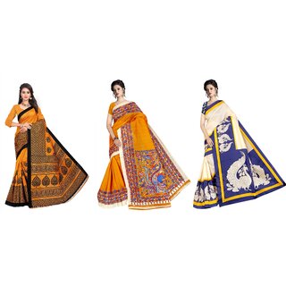SVB Sarees Yellow And Blue Printed Khadi Saree Pack Of 3 Saree SVB Sarees Yellow And Blue Printed Khadi Saree Pack Of 3 Saree