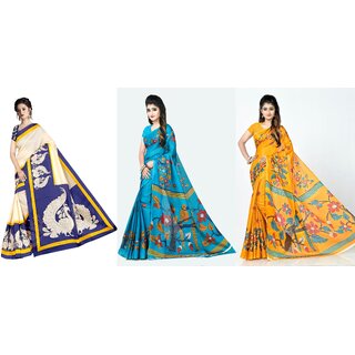                       SVB Sarees Yellow And Blue Animal Printed Khadi Saree Pack Of 3 Saree                                              