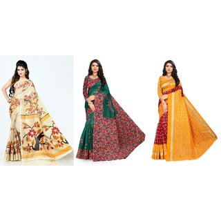 SVB Sarees Yellow Chiku And Green Printed Khadi Saree Pack Of 3 Saree SVB Sarees Yellow Chiku And Green Printed Khadi Saree Pack Of 3 Saree