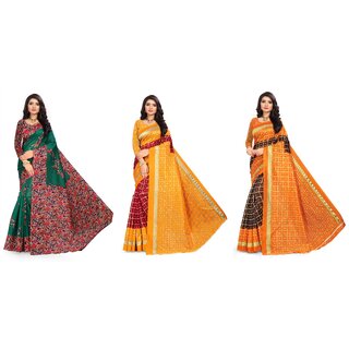                       SVB Sarees Green Yellow And Orange Printed Khadi Saree Pack Of 3 Saree                                              