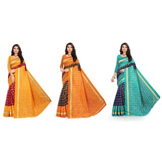                       SVB Sarees Yellow Orange And Blue Printed Khadi Saree Pack Of 3 Saree                                              