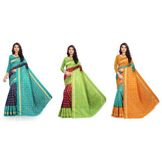 SVB Sarees Blue Green And Yellow Printed Khadi Saree Pack Of 3 Saree SVB Sarees Blue Green And Yellow Printed Khadi Saree Pack Of 3 Saree