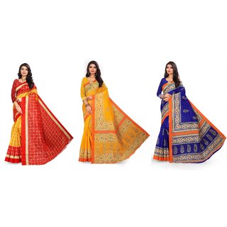 SVB Sarees Red Yellowand Blue Printed Khadi Saree Pack Of 3 Saree SVB Sarees Red Yellowand Blue Printed Khadi Saree Pack Of 3 Saree