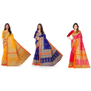                       SVB Sarees Yellow Blue And Pink Printed Khadi Saree Pack Of 3 Saree                                              